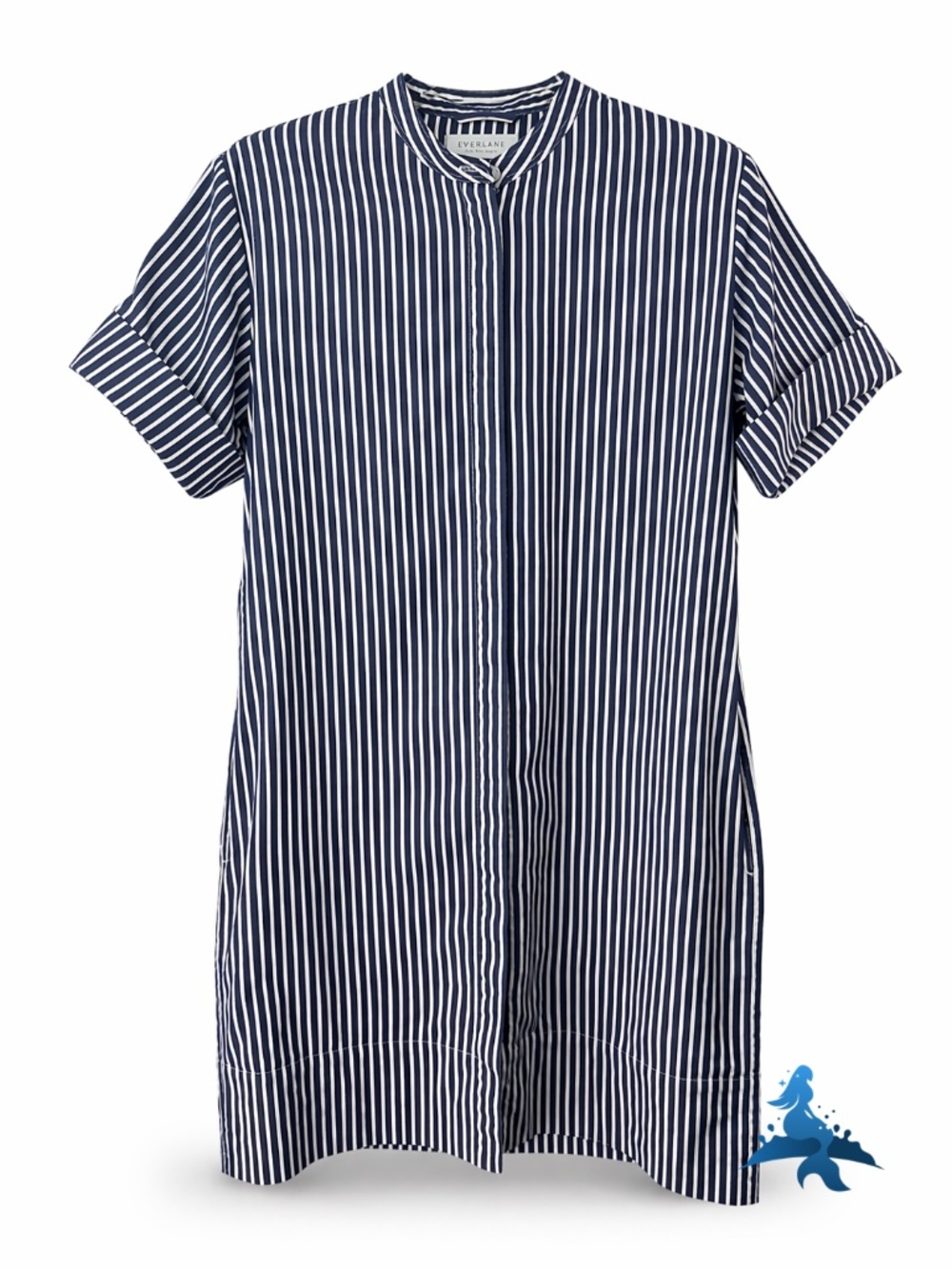 1307 Everlane Striped Shirt Dress Band Collar – Size 0 – Blue White